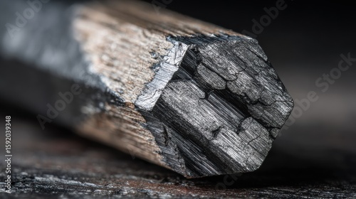 Crystalline carbon structure in hexagonal graphite pencil core on anodized aluminum, oil refraction patterns with polarized lighting for industrial branding and material technology.