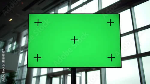 Large Horizontal Green Screen Display with Tracking Markers in a Bright, Contemporary Building Interior, Ideal for Digital Content Mockups
