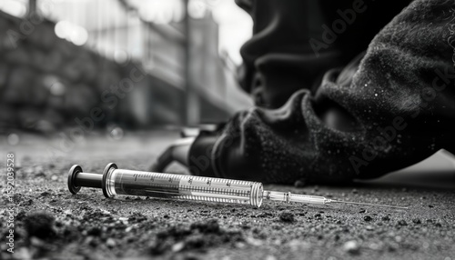 a discarded syringe lies on the ground near a person's hand, symbolizing the harsh realities of drug abuse and its impact on individuals and communities.
