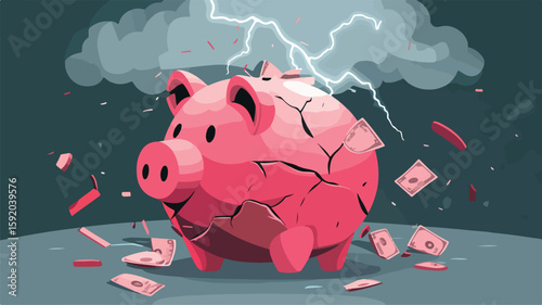 Financial Crisis Concept: Shattered Piggy Bank Symbolizes Economic Turmoil