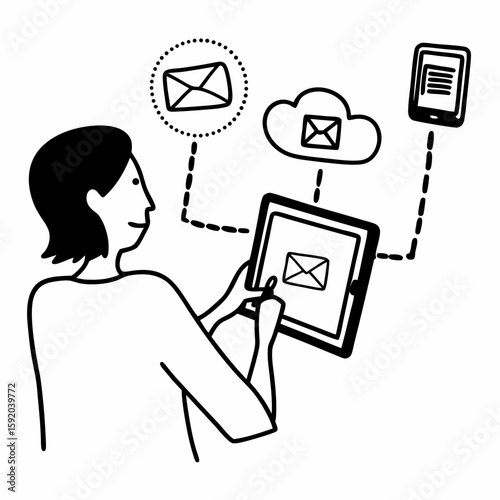 Line art of a person managing digital subscriptions on a device, icons of email, recurring billing, and cloud storage, simple linear drawing