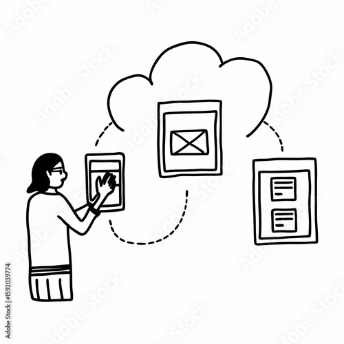 Line art of a person managing digital subscriptions on a device, icons of email, recurring billing, and cloud storage, simple linear drawing