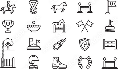 Equestrian sport icons set black and white line art