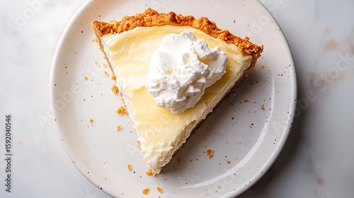 Fototapeta Naklejka Na Ścianę i Meble -  Slice of Creamy Pie Topped with Whipped Cream on a Speckled Plate
