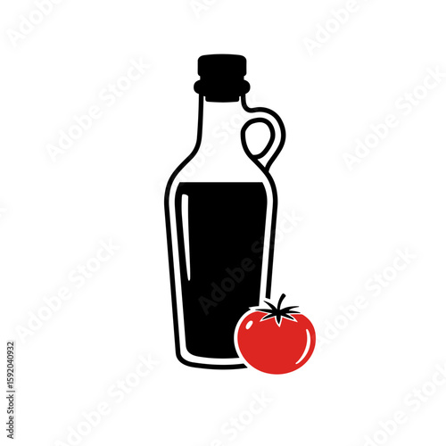 Olive oil bottle with handle and red tomato on white background with copy space