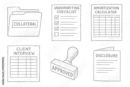 collateral document folder underwriting checklist amortization calculator client interview table approval stamp disclosure brochure hand drawn pencil sketch style isolated