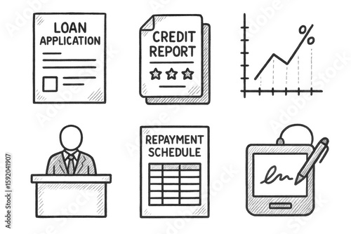 hand drawn icon loan application forms cit report file interest rate chart loan officer desk repayment schedule printout signature pad sketch drawing style icons style isolated