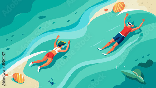 Floating snorkelers seen from drone top view