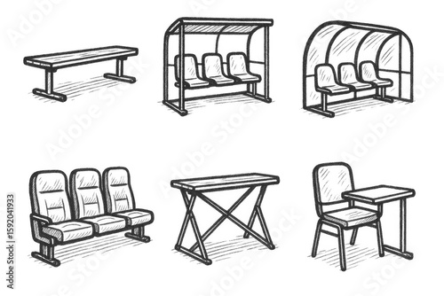 hand drawn icon portable side bench team warming seat cove shelter bench VIP padded row collapsible bench frame scorer s table seat sketch drawing style icons style isolated