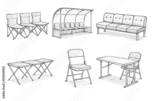 portable side bench team warming seat cove shelter bench VIP padded row collapsible bench frame scorer s table seat hand drawn pencil sketch style isolated
