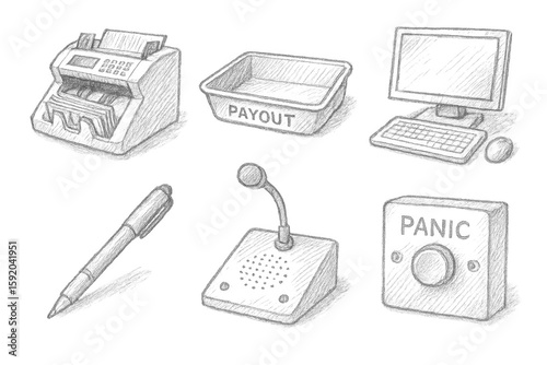 currency counting machine payout tray teller PC terminal counterfeit detector pen microphone speaker panel panic alarm button hand drawn pencil sketch style isolated