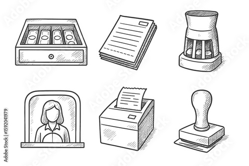 hand drawn icon cash drawer deposit slip stack coin sorter teller window glass transaction receipt printer endorsement stamp sketch drawing style icons style isolated
