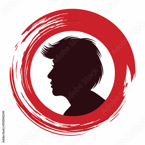 Profile Silhouette: A minimalist silhouette of a person's profile, set within a dynamic, artistic red circle, symbolizing introspection, individuality and focus. 