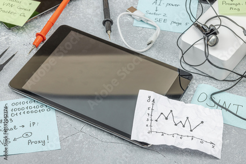 Modern OSINT setup with smartphone, tablet, probes, cables, sticky notes with investigative hints