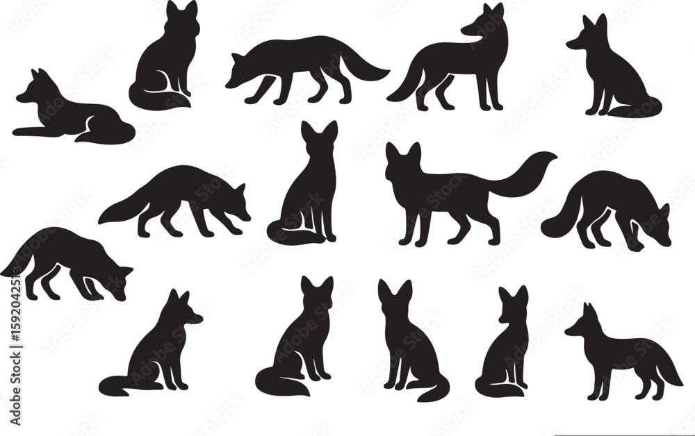 Obraz premium Black fox silhouettes various poses animal white