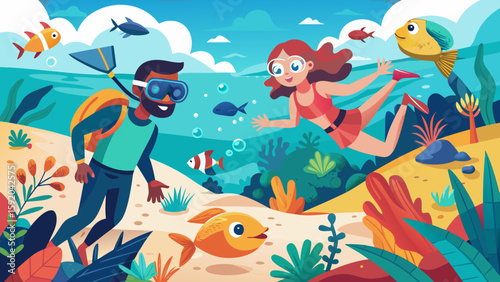 Snorkeling friends exploring tropical seabed