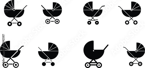 Diverse Baby Carriage Icons Silhouette Designs Ranging from Classic to Modern Styles for Baby Products and Services