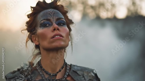Fierce Warrior Woman: Dramatic Portrait in Smoky Landscape, Fantasy Character