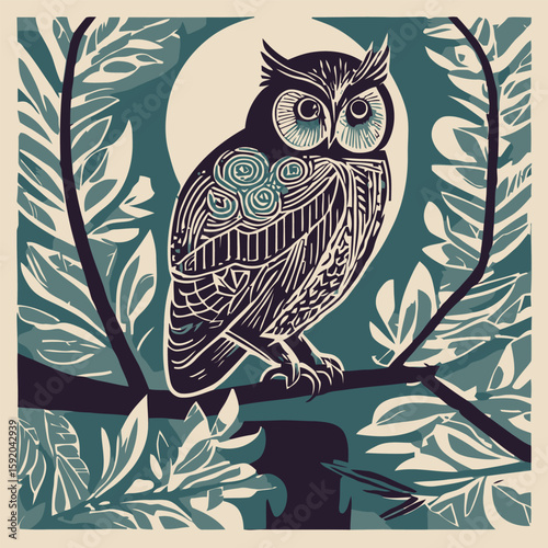 Stylized illustration of an owl perched on a branch, surrounded by leaves, with a full moon in the background, rendered in a linocut style.