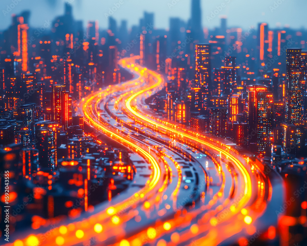 Fototapeta premium Futuristic cityscape with glowing highways and illuminated skyscrapers at night