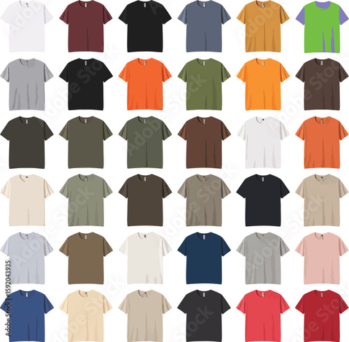 Assortment of shirts in various colors displayed in a grid pattern on a white background image scene