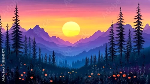 Beautiful colorful mountain landscape with forest and meadow at sunset scenery vector illustration