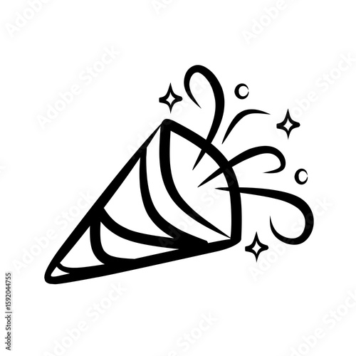 Festive line art party popper icon with confetti burst for celebration and joyful decoration