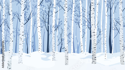 Snow Covered Birch Trees in Winter Forest