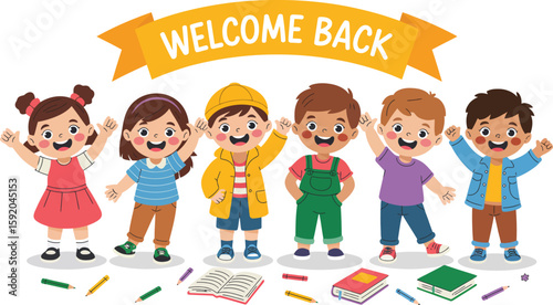 Illustration of happy children under a welcome back banner with books and pencils on a white background