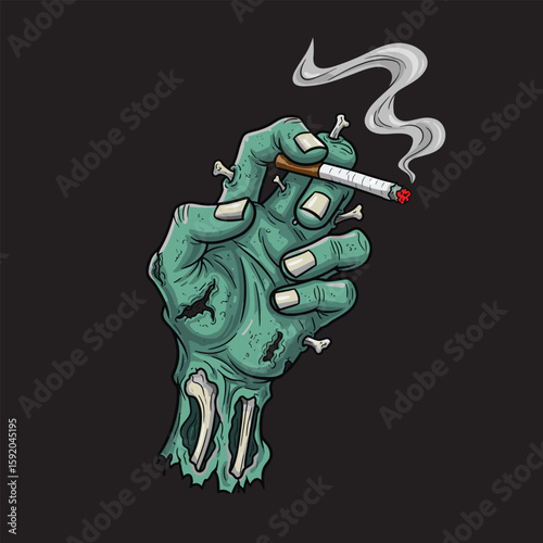 A zombie hand, adorned with cigarette,  exudes a grim, graphic style.