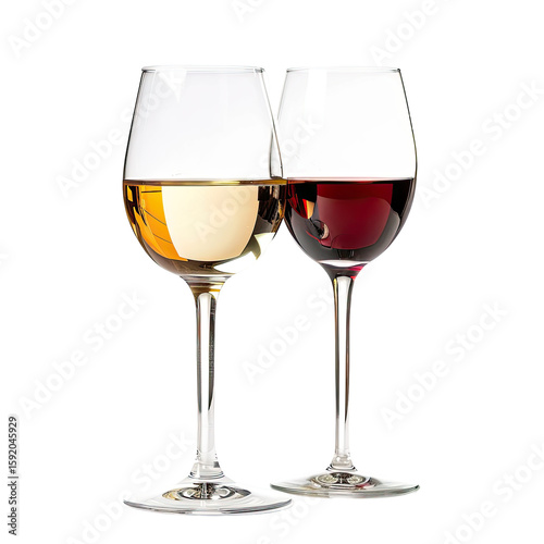 Two wine glasses, one filled with white wine, the other with red wine, stand side-by-side against a black background.  
