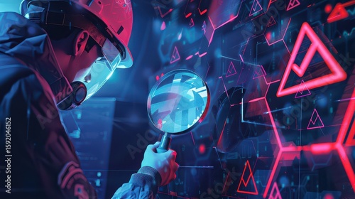 Man in protective gear examines glowing geometric patterns with a magnifying glass closely inspecting data