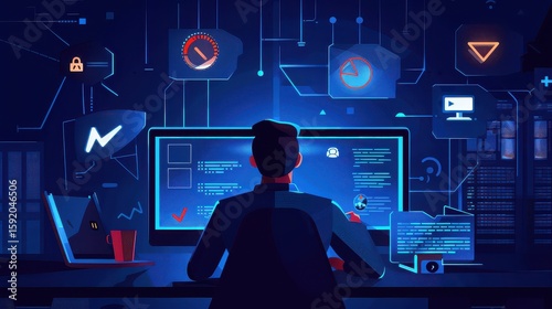 A person working at a computer with multiple screens and digital interface elements around them