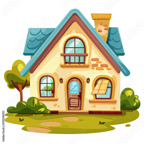 Cartoon house with a blue roof and yellow walls, nestled in a grassy yard