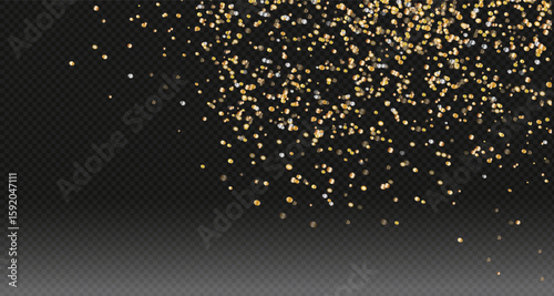 Gold falling glitter, shiny gold confetti with glowing sparks, shimmering sprinkles effect, festive particles isolated on dark background. Vector illustration. For banners, advertising.PNG