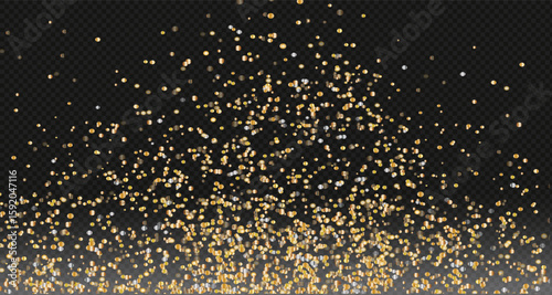 Gold falling glitter, shiny gold confetti with glowing sparks, shimmering sprinkles effect, festive particles isolated on dark background. Vector illustration. For banners, advertising.PNG