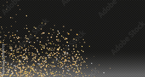 Gold falling glitter, shiny gold confetti with glowing sparks, shimmering sprinkles effect, festive particles isolated on dark background. Vector illustration. For banners, advertising.PNG