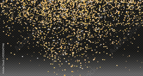 Gold falling glitter, shiny gold confetti with glowing sparks, shimmering sprinkles effect, festive particles isolated on dark background. Vector illustration. For banners, advertising.PNG