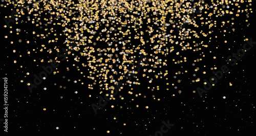 Gold falling glitter, shiny gold confetti with glowing sparks, shimmering sprinkles effect, festive particles isolated on dark background. Vector illustration. For banners, advertising.PNG