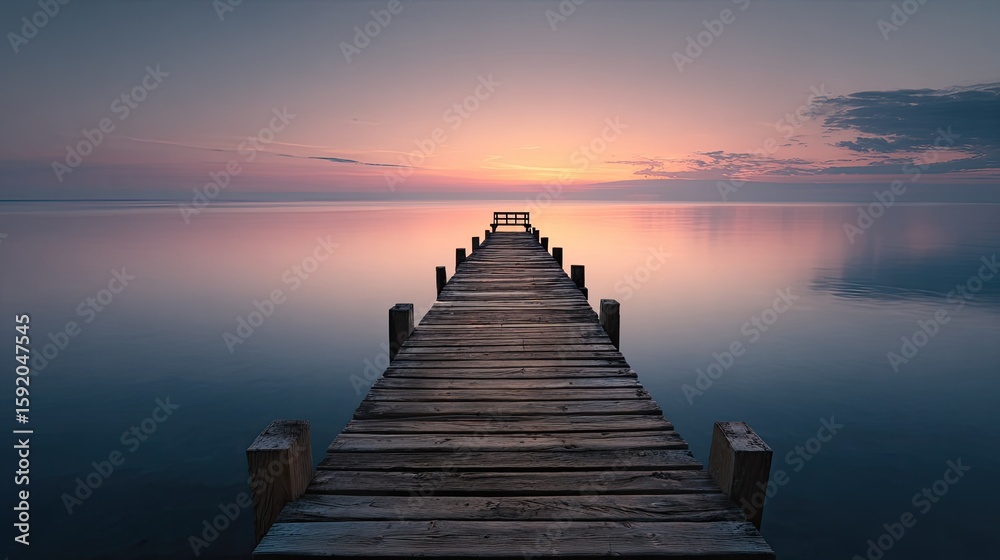 Obraz premium Wooden pier extending into a calm lake at sunrise