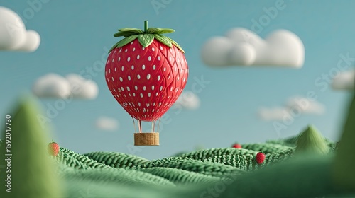 Strawberry hot air balloon, idyllic landscape