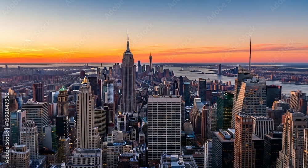 Obraz premium Aerial panorama of New York City skyline at sunset with both midtown and downtown Manhattan.