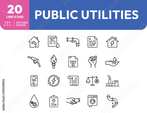 A set of twenty public utilities line icons for water gas and electricity services.