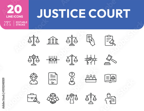 Justice Court Line Icons Collection.