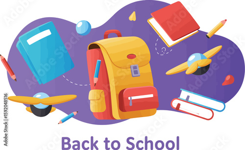 Illustration of back to school supplies including backpack books pencils and toy airplanes floating around