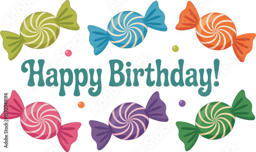 Happy Birthday Vector Graphic Featuring Assorted Wrapped Candies and Festive Typography Illustration