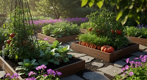 Colorful and Lush Garden Featuring Raised Wooden Beds Filled with Vegetables, Herbs, and Flowers under Sunlight