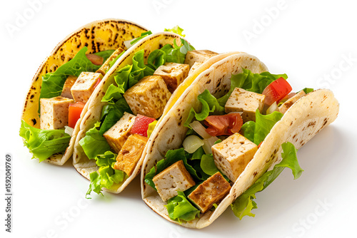 Colorful tacos filled with grilled tofu, fresh lettuce, and diced tomatoes, arranged neatly on a white background, showcasing a vibrant and healthy meal option