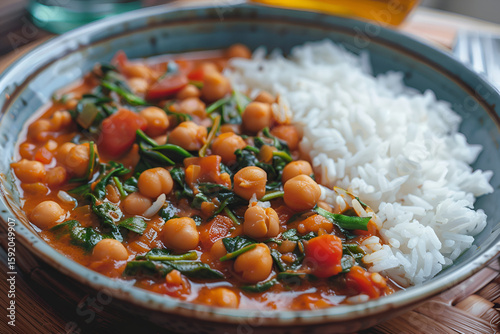 Colorful bowl of chickpea stew with fresh spinach and tomatoes served alongside fluffy white rice, showcasing vibrant ingredients and a healthy meal concept