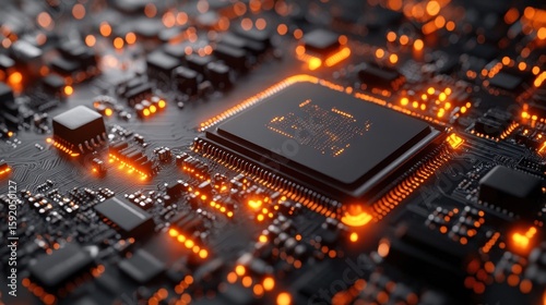 Close-up view of a circuit board showcasing an intricate design with glowing components and a central microchip, representing modern technology and innovation.